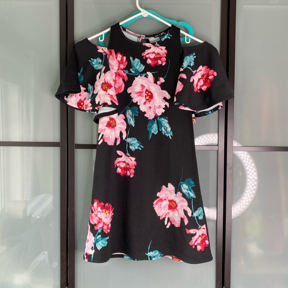 Ava & Yelly Girls black floral dress cold shoulder